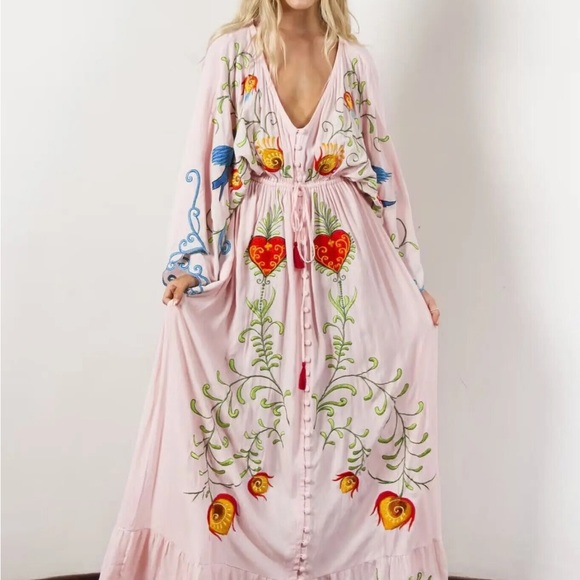 #103 New! 5 STAR Bohemian Kimono Embroidered Maxi Dress - Picture 5 of 7